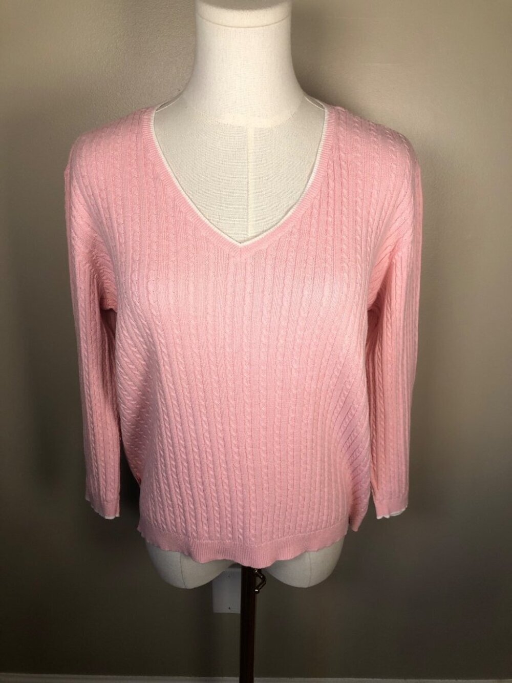 Lauren Ralph Lauren 100% Cotton Fine Gauge Cable Knit V Neck Pink Sweater Size M